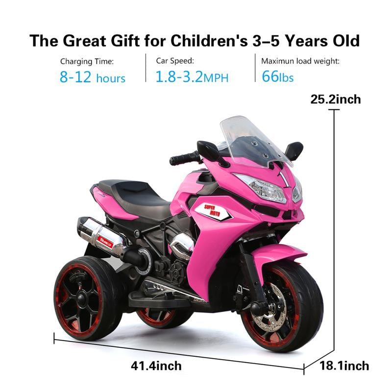 12V Kids Electric Ride on Motor-Cycle ,Pink Motor-Cycle,Three Lighting Wheels Kids Electric Toys Boysgirls Motor-Cycle, Children Battery Motor Bikes Rechargeable 3 Wheels Electric Motor-Cycle,Birthday/Christmas Gift